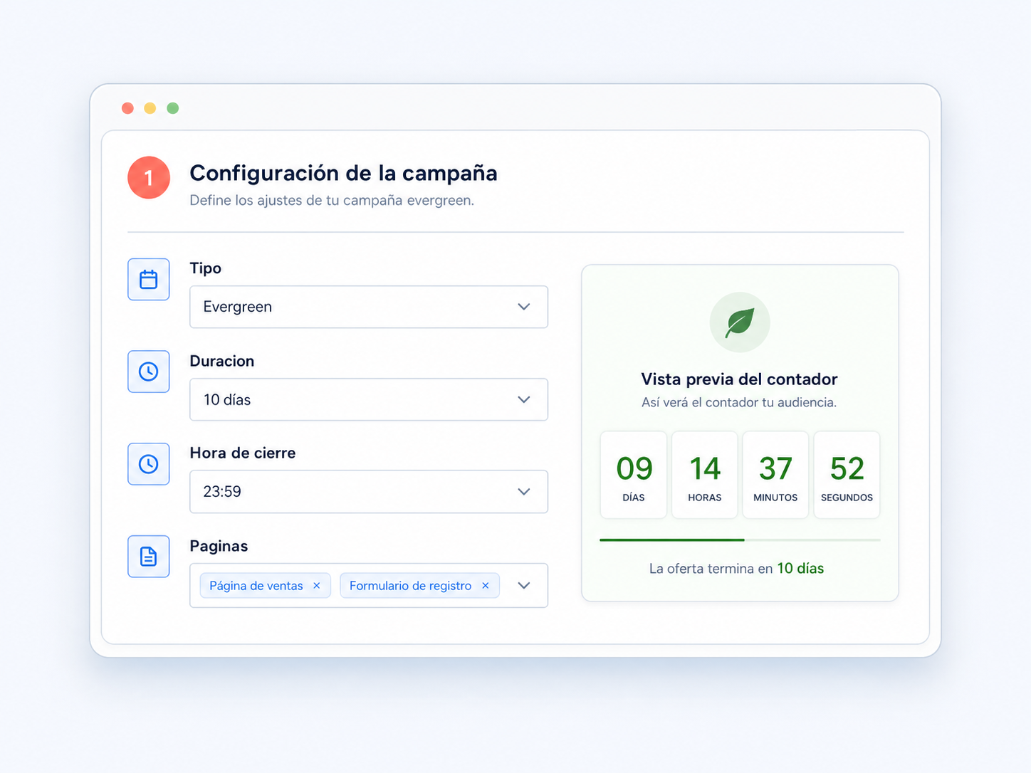 Panel para crear una campaña evergreen con duración, hora de cierre y páginas protegidas