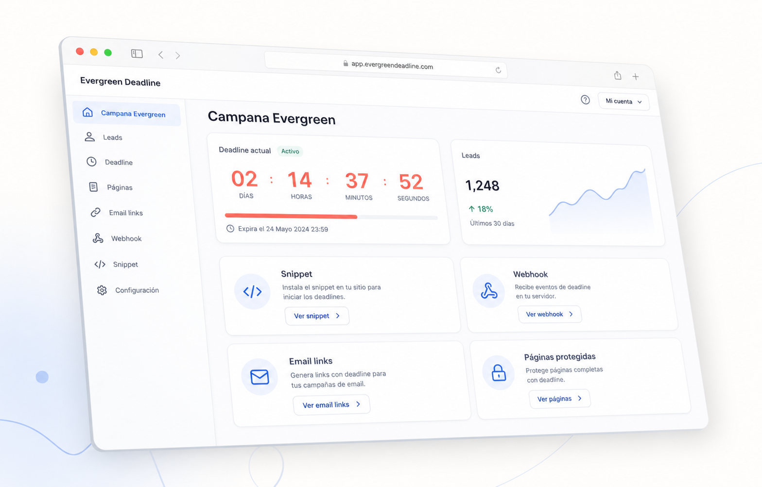 Dashboard de Evergreen Deadline con campaña activa, contador, webhook y enlaces de email